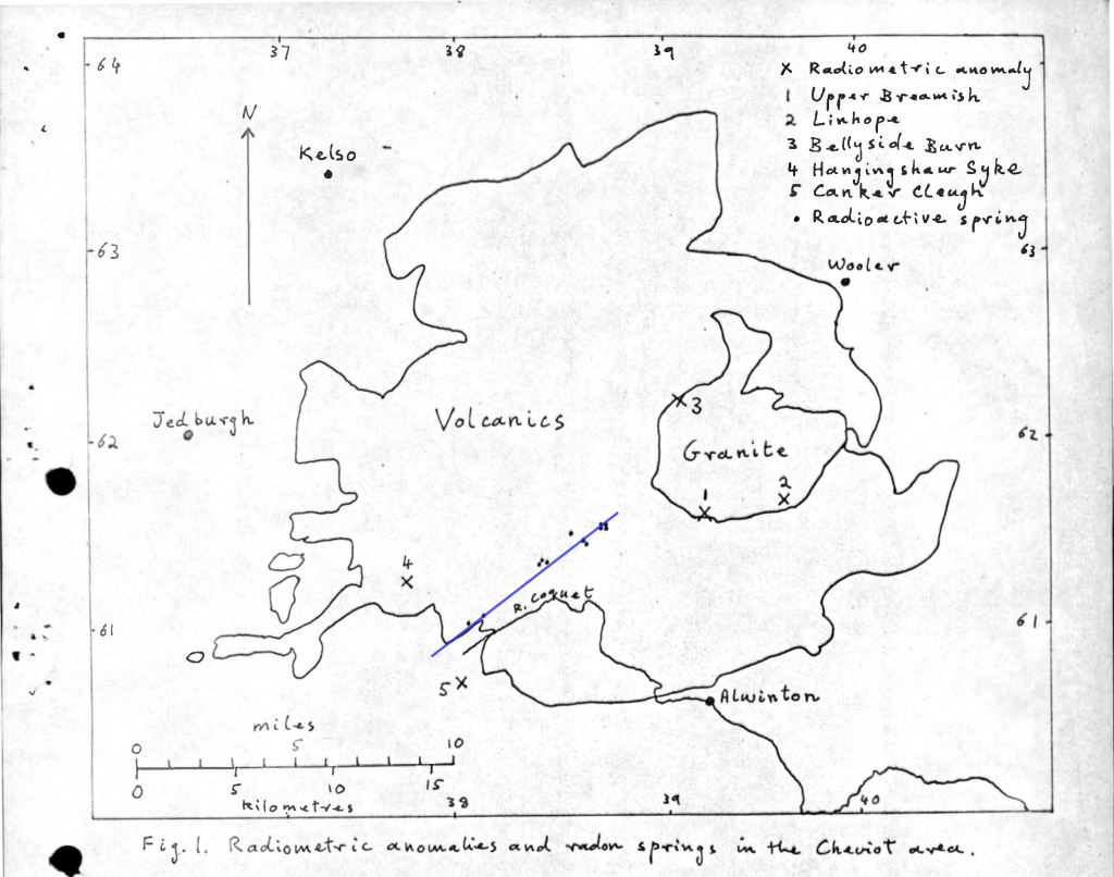 Dr. Haslam's 1970 map - showing 12 radioactive anomalies following the Gyle Harthope fault.
